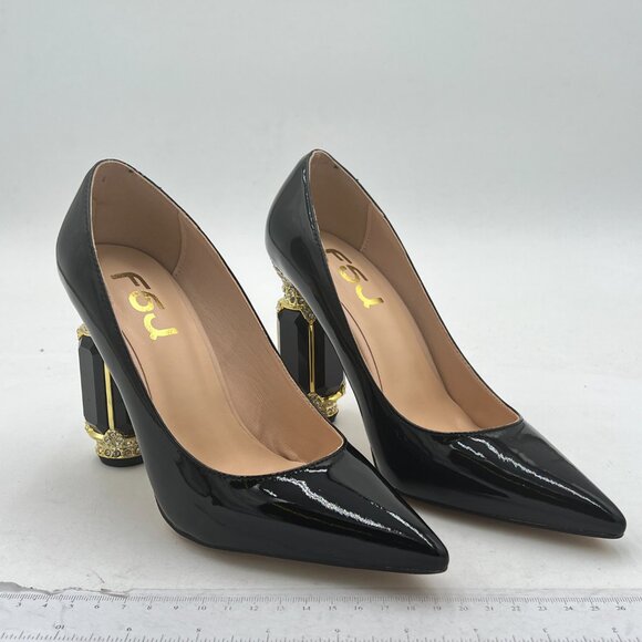 FSJ Black Bridal Pointed Toe Chunky High Heel Crystal Pumps Slip on Wedding Shoe - Picture 4 of 8